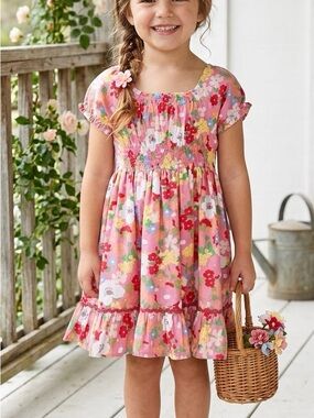 Matilda Jane Girls Size 4 Pink Floral Smocked Square Neck Ruffle Hem Dress